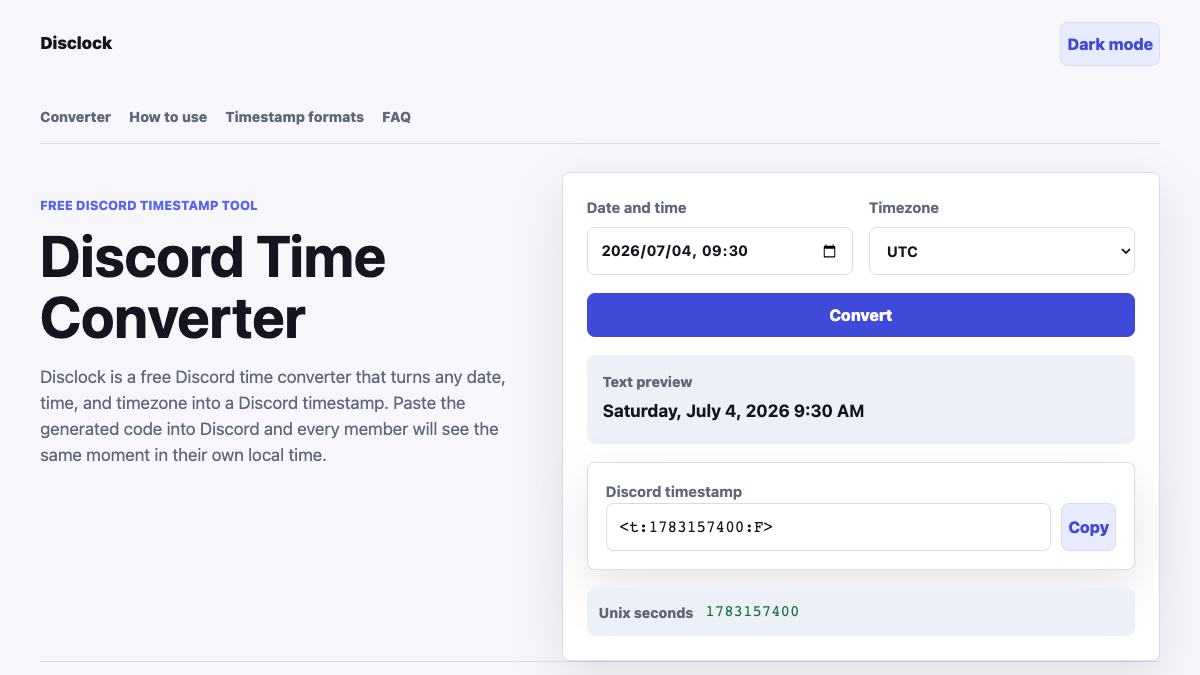 Discord time converter showing a generated Discord timestamp and local-time preview